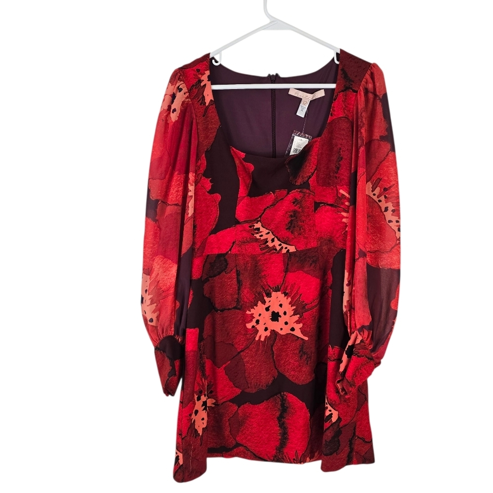 NWT Hutch Poppy Puff Sleeve Square Neck Mini Dress Size 12 Red Floral - Picture 2 of 16